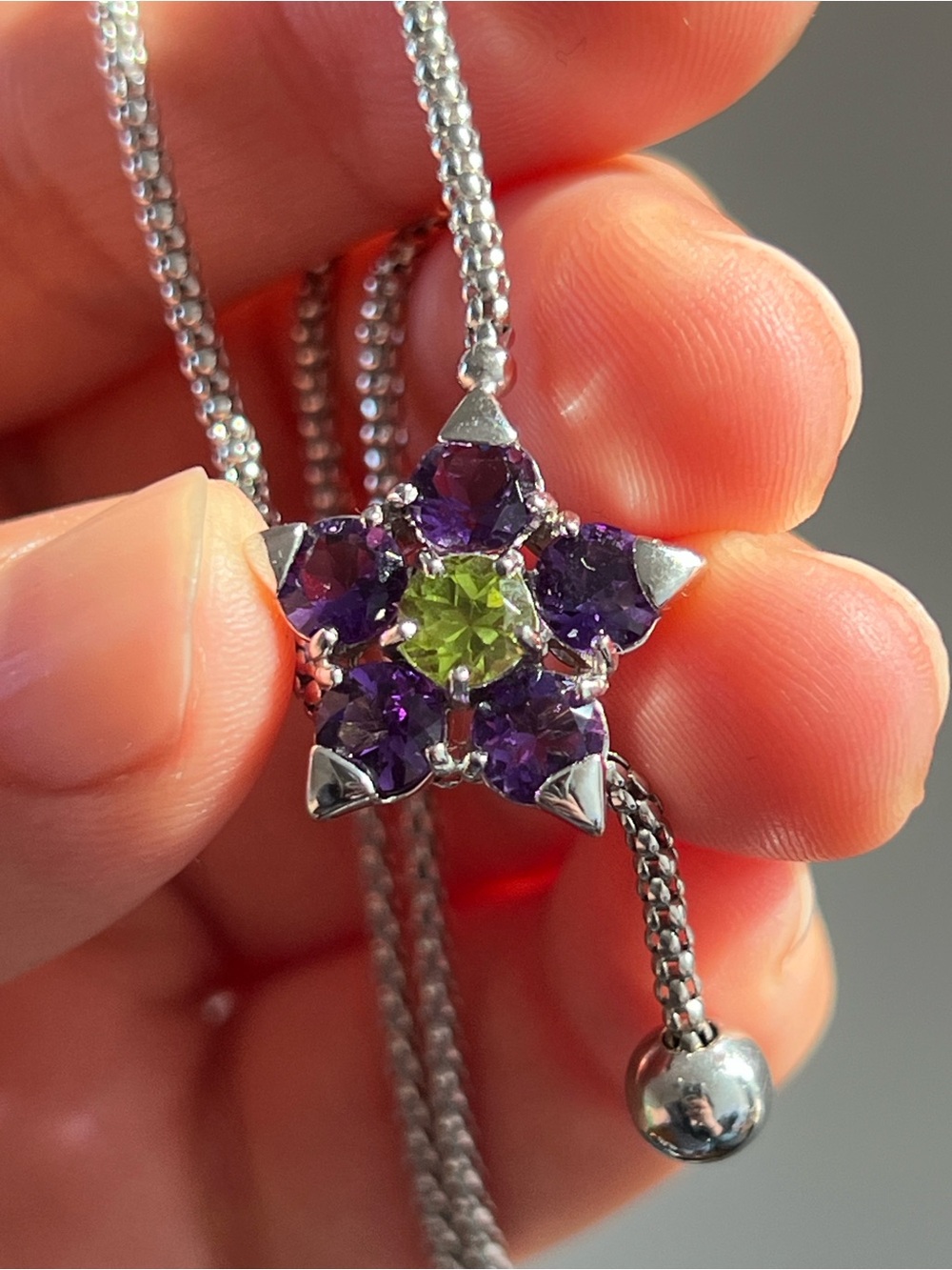 18k Gold  Star Pendant Necklace with Amethyst and Green Peridot Gemstones